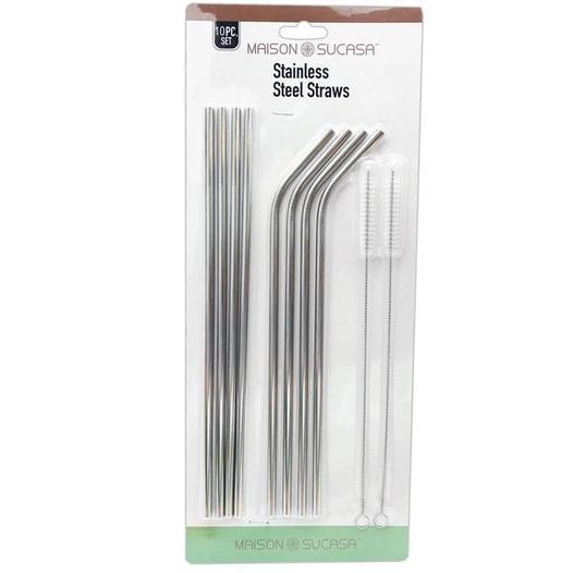 10 Pack Stainless Steel Reusable Straw Set with Cleaning Brushes in Silver